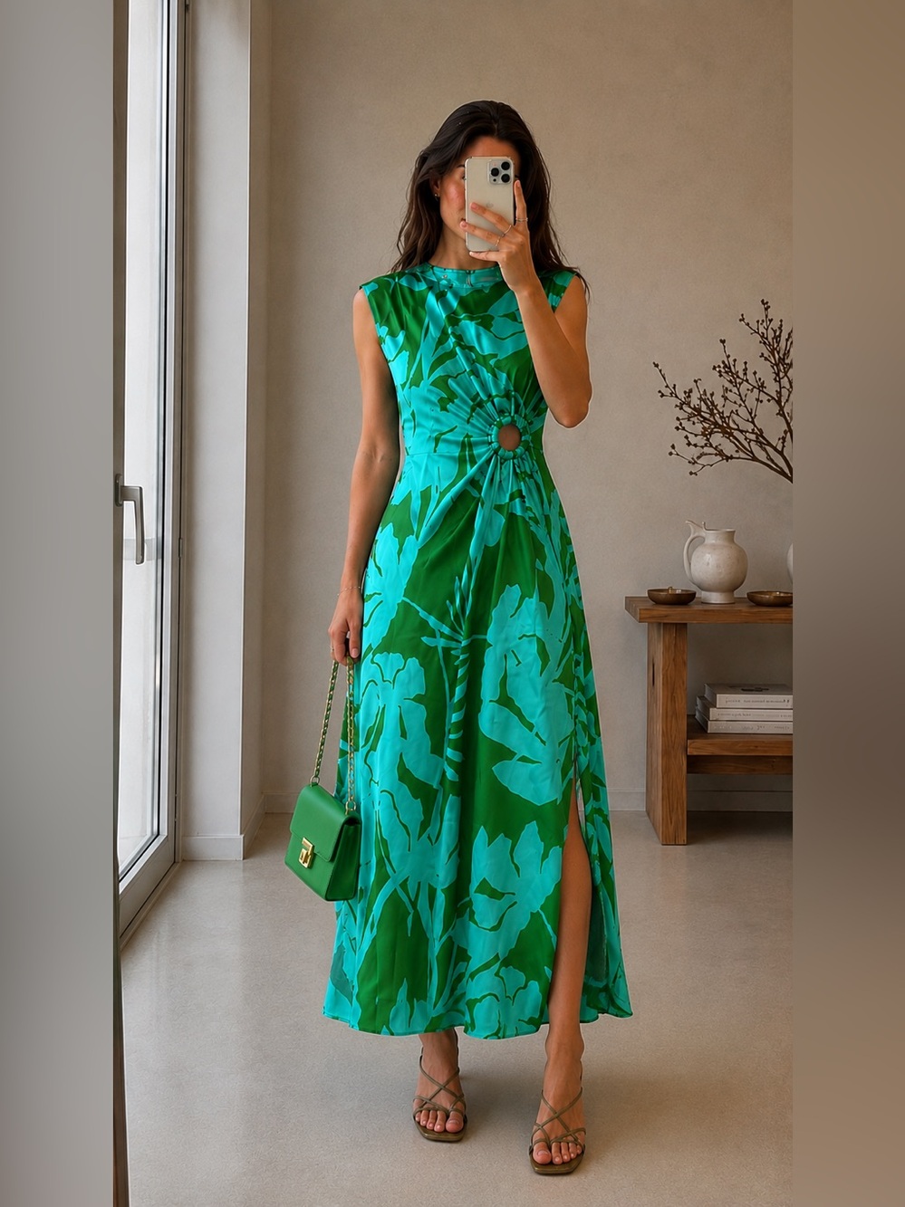 Anthropologie Fuse Of Harlow 1960 Tropical Maxi Dress Ring Detail Green Blue xs